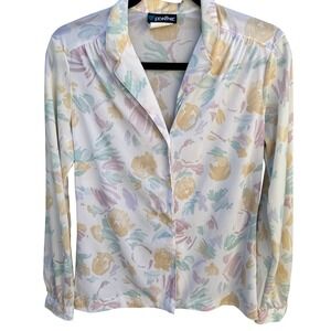 Panther Vintage 70s 80s Pastel Floral Button Down Blouse Long Sleeve White L